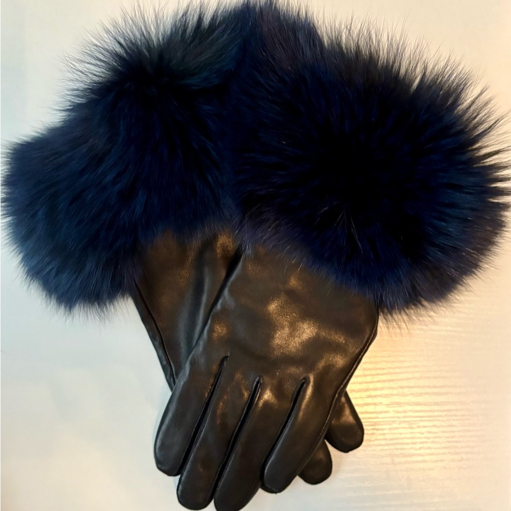 Black and Blue Leather Gloves with Fur Accents